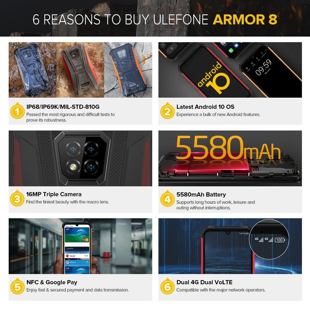 Ulefone Armor 8 mobile phones 3g&4g smartphone 6.1" smart phone 5g smartphone 4GB+64GB 16MP Triple Camera Rugged Phone